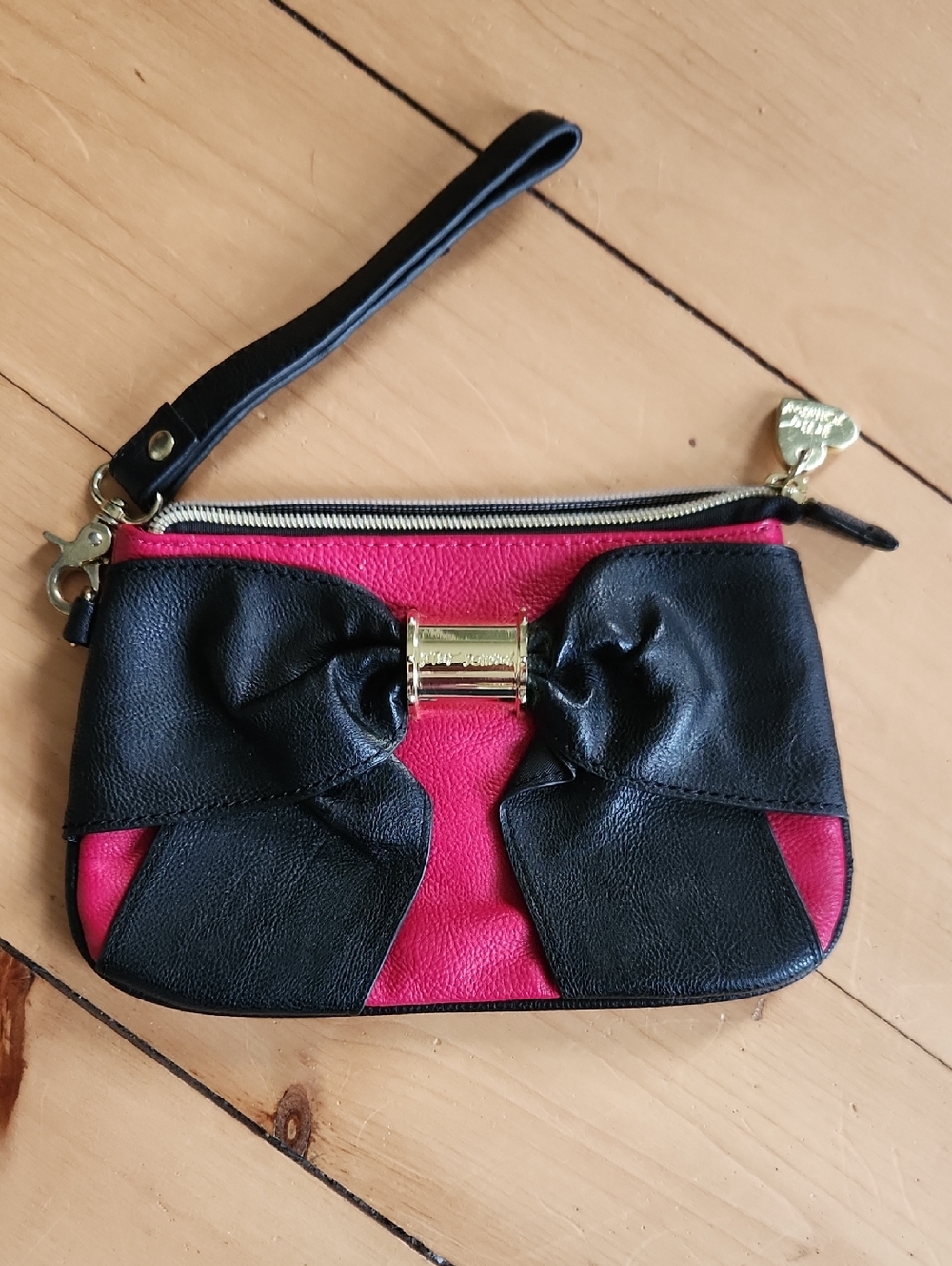 Betsey Johnson Black and Hot Pink Bow Wristlet with Gold Accent